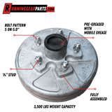 Trailer axle hub and drum assembly, galvanized silver metal with five studs, center bore, and pre-greased finish; RGP 3,500 lb Trailer Axle capacity.