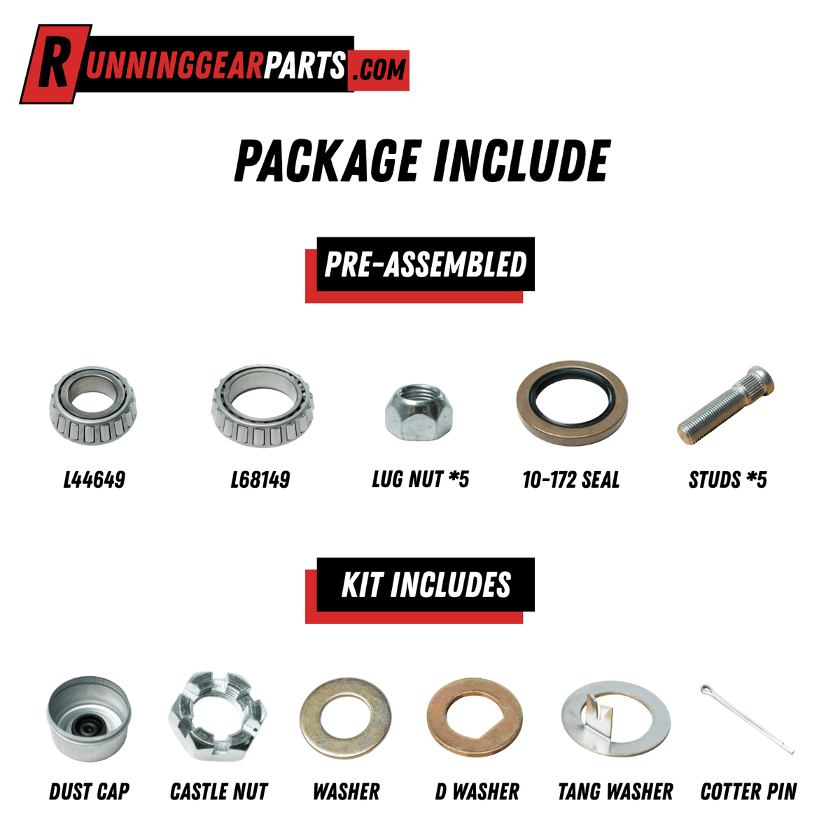 Trailer axle hub and drum kit for the RGP 3,500 lb Trailer Axle, with silver bearings, seal, studs and hardware.
