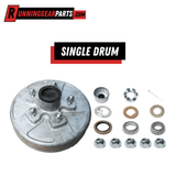 Trailer hub and drum assembly kit in galvanized silver metal, pre-greased with five wheel studs and bearing hardware; RGP 3,500 lb Trailer Axle.