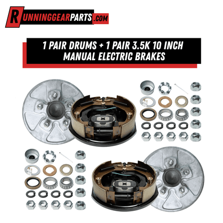 RGP 3,500 lb Trailer Axle brake kit with silver galvanized drums, black and bronze electric brakes, and hardware.