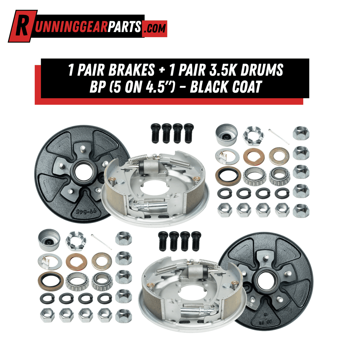 RGP 3,500 lb Hydraulic Trailer Brake Assembly pair with black-coated drums, silver steel backing plates, springs, shoes, and hardware.