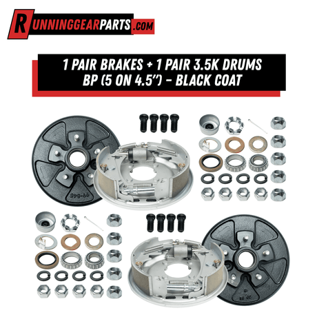 RGP 3,500 lb Hydraulic Trailer Brake Assembly pair with black-coated drums, silver steel backing plates, springs, shoes, and hardware.
