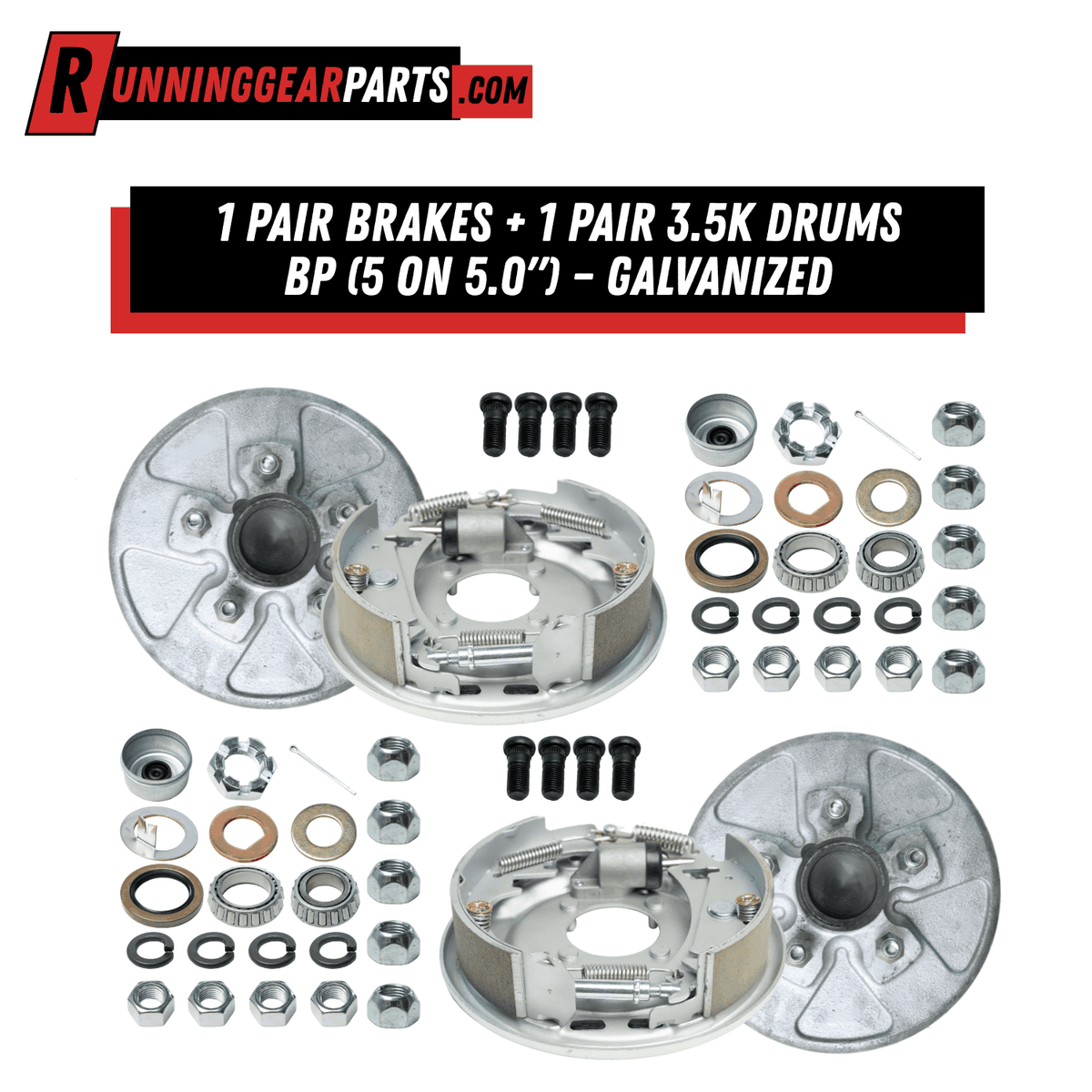 RGP 3,500 lb Hydraulic Trailer Brake Assembly set with two silver galvanized backing plates, brake shoes, springs, drums and hardware