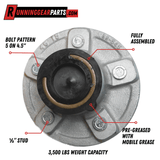RGP 3,500 lb Trailer Idler Hub Kit with a galvanized silver metal hub, black center cap, five 1/2-inch studs and pre-greased assembly.