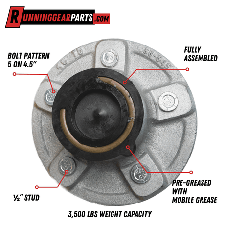 RGP 3,500 lb Trailer Idler Hub Kit with a galvanized silver metal hub, black center cap, five 1/2-inch studs and pre-greased assembly.