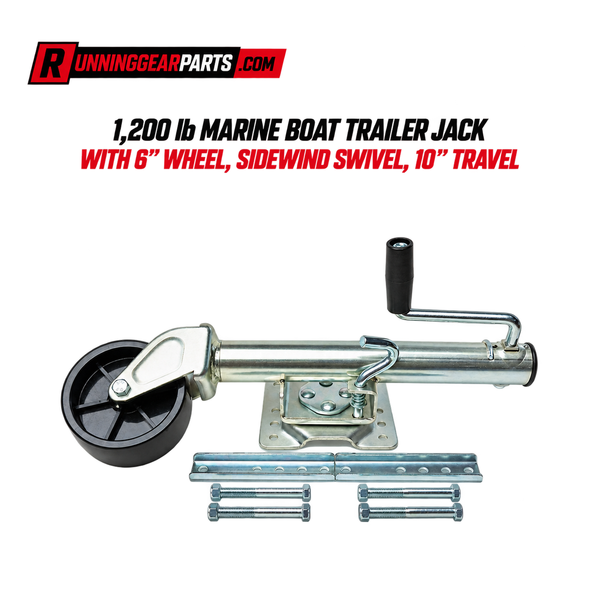 Marine trailer jack, RGP 1,200 lb Marine, with clear zinc-finished steel, a single black wheel, and sidewind handle.