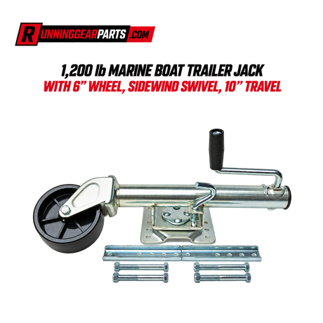 Marine trailer jack, RGP 1,200 lb Marine, with clear zinc-finished steel, a single black wheel, and sidewind handle.
