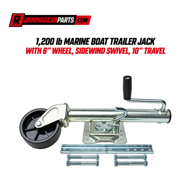 Marine trailer jack, RGP 1,200 lb Marine, with clear zinc-finished steel, a single black wheel, and sidewind handle.