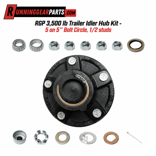 RGP 3,500 lb Trailer Idler Hub Kit with a black steel hub, five wheel studs, bearings, seal, and included hardware.
