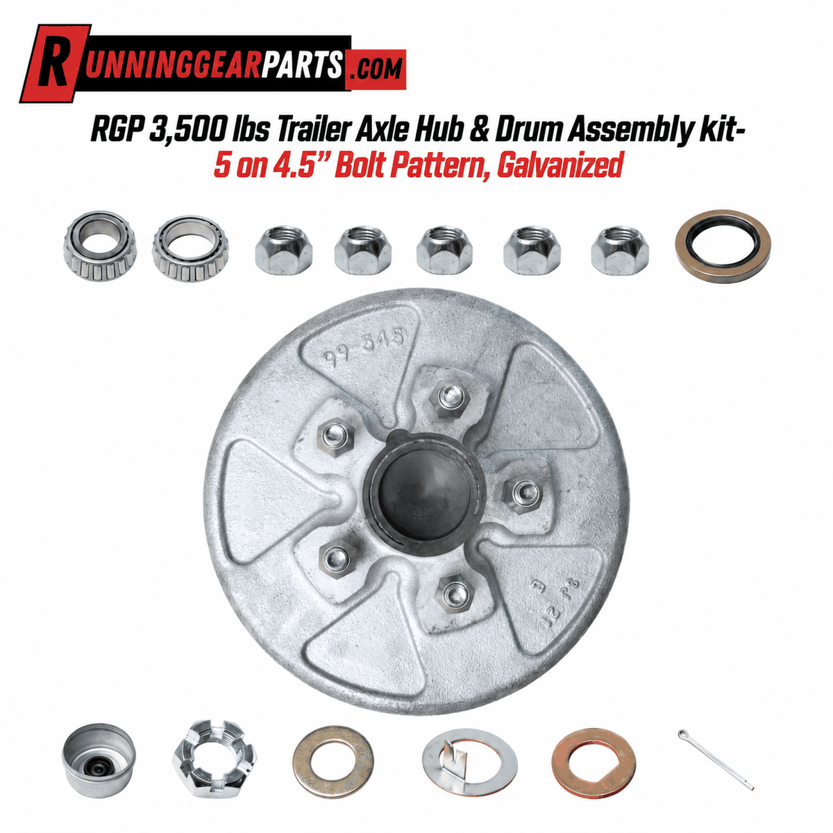 RGP 3,500 lbs Trailer Axle hub and drum assembly, galvanized silver metal with five studs and hardware included