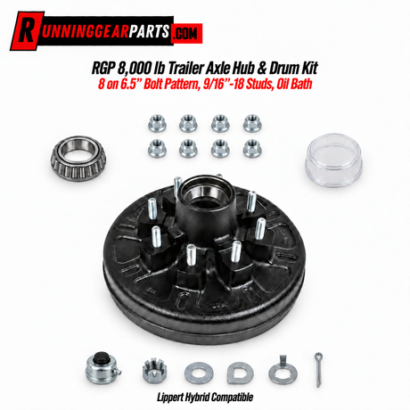 RGP 8,000 lb trailer axle hub and drum kit parts arranged on a white background