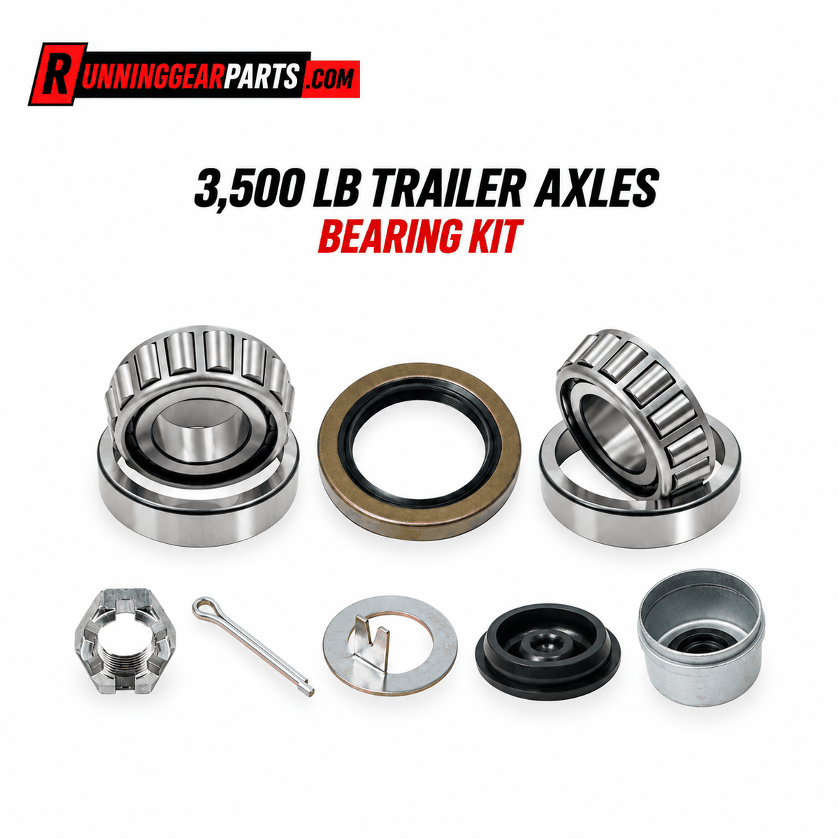 Trailer hub rebuild bearing kit with silver tapered steel rollers, a black rubber seal, races and assorted metal hardware.