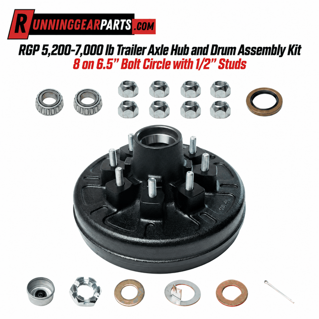 Trailer axle hub and drum assembly with black coated drum, eight silver studs, bearings, seal and mounting hardware; RGP 5,200-7,000 lb Trailer Axle.