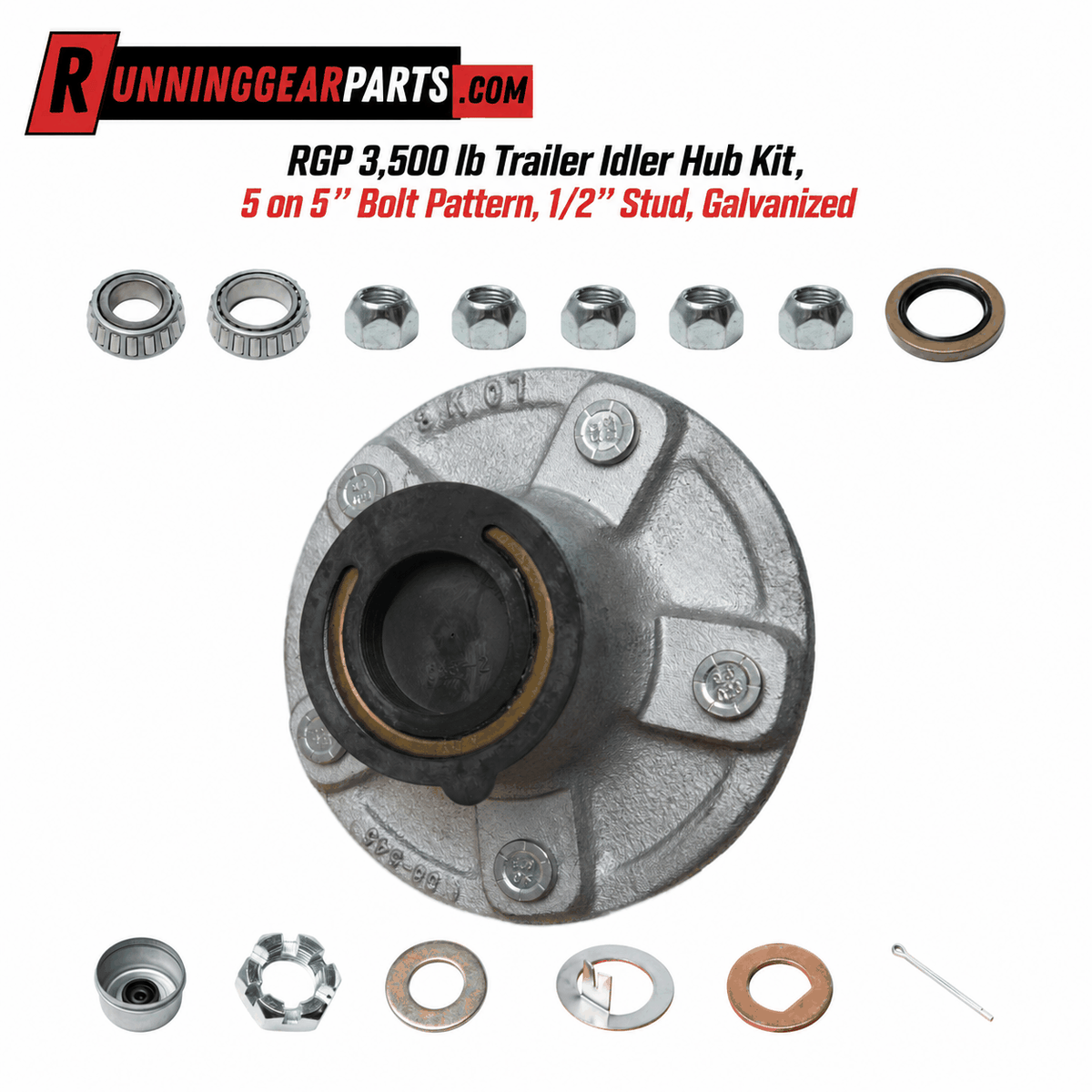 RGP 3,500 lb Trailer Idler Hub Kit with galvanized silver hub, five-on-five bolt pattern, bearings, studs and hardware.
