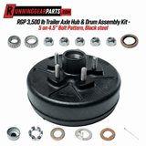 RGP 3,500 lb Trailer Axle hub and drum assembly kit in black steel, with five studs and loose bearings and hardware.