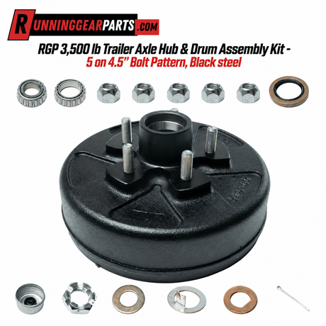 RGP 3,500 lb Trailer Axle hub and drum assembly kit in black steel, with five studs and loose bearings and hardware.