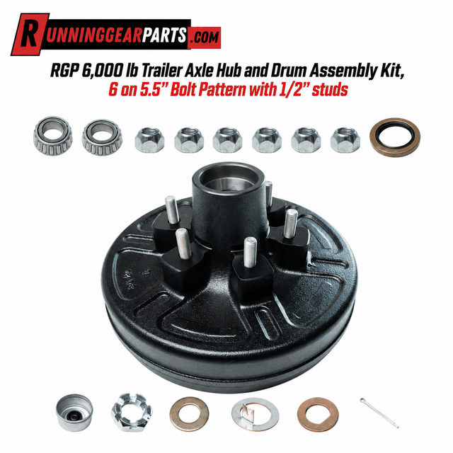 RGP 6,000 lb Trailer Axle hub and drum assembly with a black coated metal drum, six wheel studs, bearings and hardware.