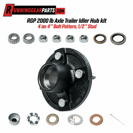 RGP 2000 lb Axle Trailer Idler Hub kit with a black steel hub, four silver studs, bearings, washers and hardware.