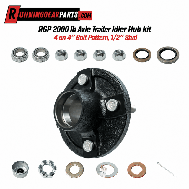 RGP 2000 lb Axle Trailer Idler Hub kit with a black steel hub, four silver studs, bearings, washers and hardware.