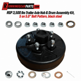 Black steel trailer hub and drum assembly kit with five studs, bearings, washers, nuts, and hardware; RGP 3,500 lbs Trailer Axle fitment.