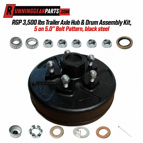 Black steel trailer hub and drum assembly kit with five studs, bearings, washers, nuts, and hardware; RGP 3,500 lbs Trailer Axle fitment.