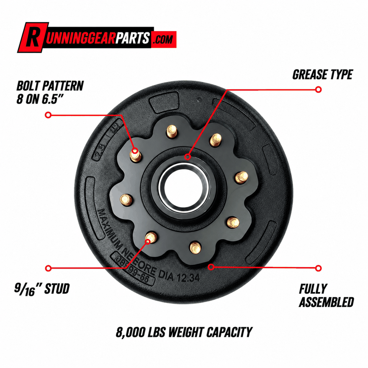 Trailer hub and drum assembly for RGP 8,000 lb Trailer Axles, black metal with gold studs and an 8-lug pattern.