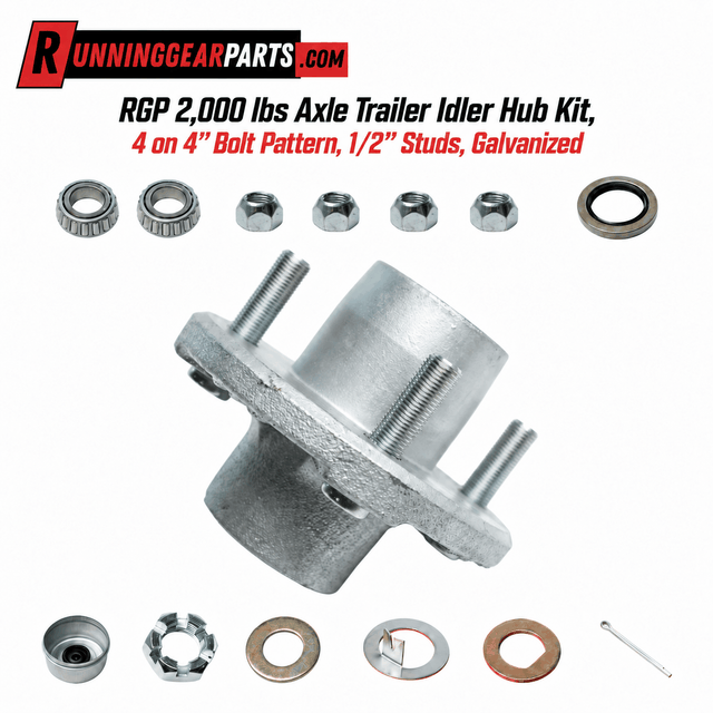 RGP 2,000 lbs Axle Trailer Idler Hub Kit with galvanized metal hub, four pressed-in studs, bearings and hardware.