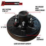Trailer axle hub and drum assembly in black coated metal with six ½-inch studs and a pre-greased cap, RGP 6,000 lb Trailer Axle