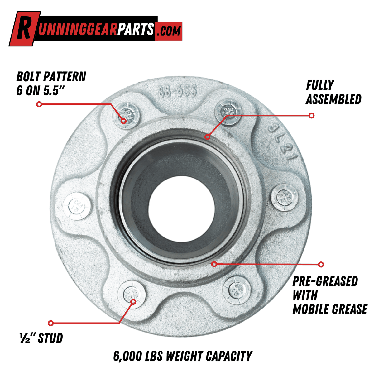 RGP 6,000 lbs Trailer Idler Hub Kit with a silver galvanized metal hub, six-bolt pattern, pre-greased center and 1/2-inch studs.