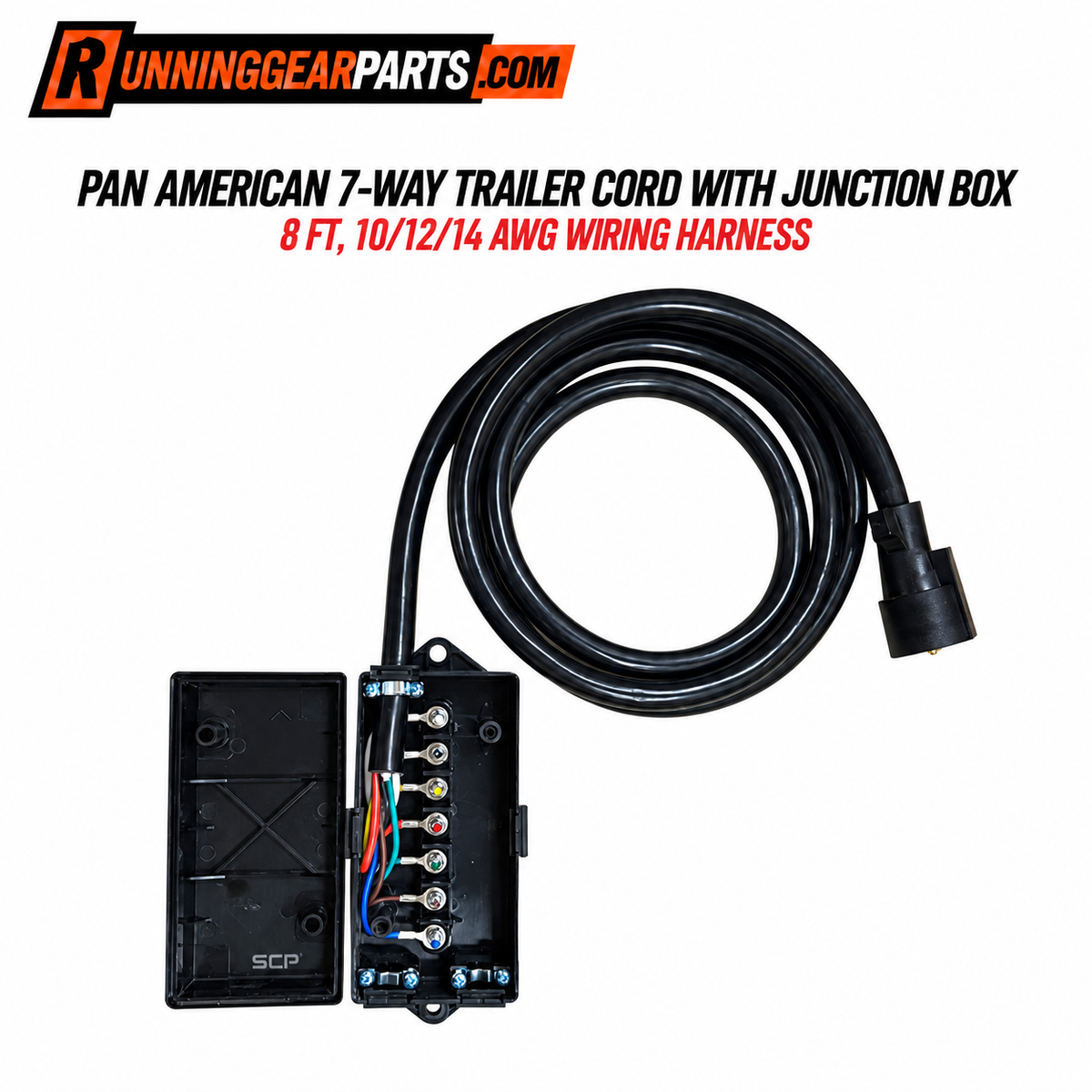 7-way trailer cord with junction box and 10/12/14 AWG wiring harness