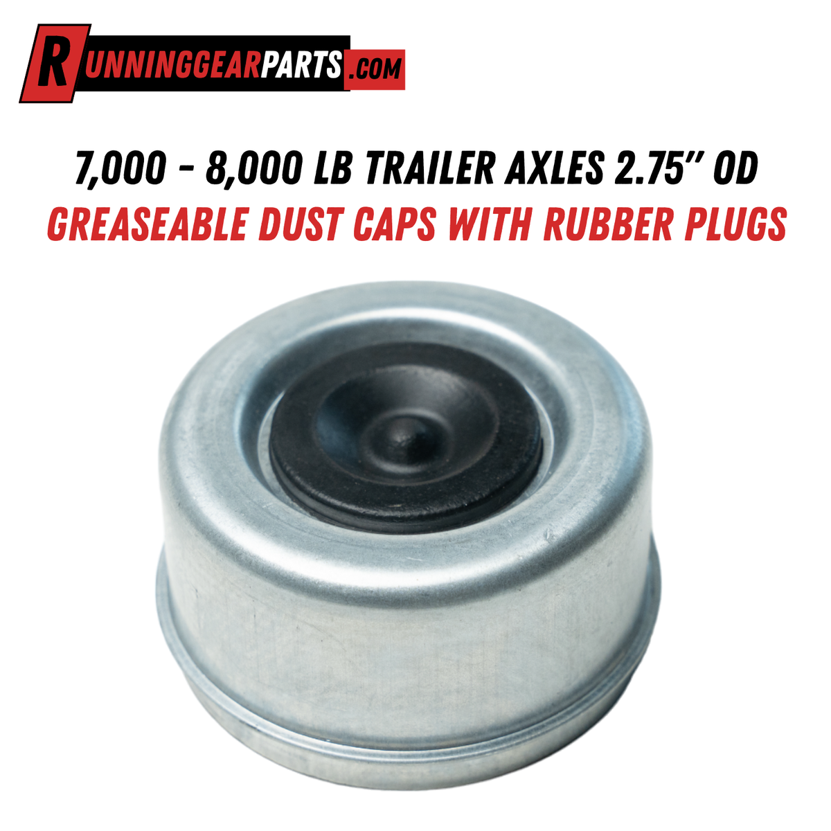 Trailer hub dust cap for RGP 7,000 -8,000 lbTrailer Axles, silver metal with a black rubber grease plug