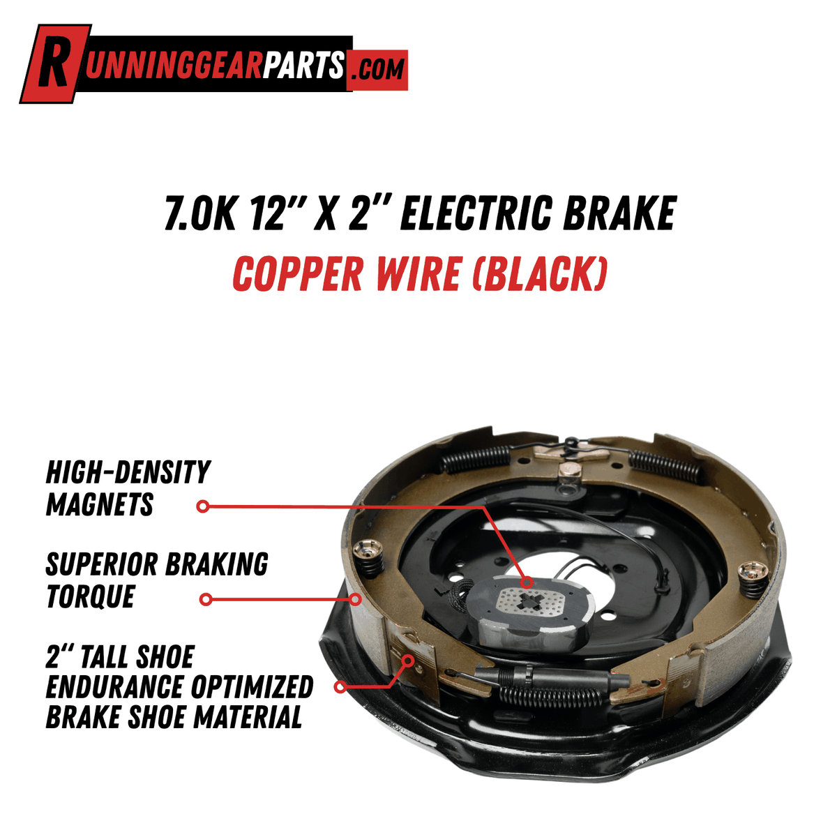 Trailer electric brake assembly, black steel plate with brown shoes, copper wiring, springs, magnets, and manual adjustment; RGP 7000 lb Trailer Axle fits 12-inch drums.