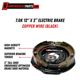 Trailer electric brake assembly, black steel plate with brown shoes, copper wiring, springs, magnets, and manual adjustment; RGP 7000 lb Trailer Axle fits 12-inch drums.