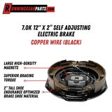 Electric trailer brake assembly, RGP 7000 lb Trailer Axle, black steel backing plate with copper wire and brake shoes, magnets and springs