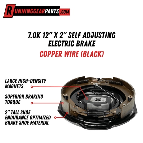 Electric trailer brake assembly, RGP 7000 lb Trailer Axle, black steel backing plate with copper wire and brake shoes, magnets and springs