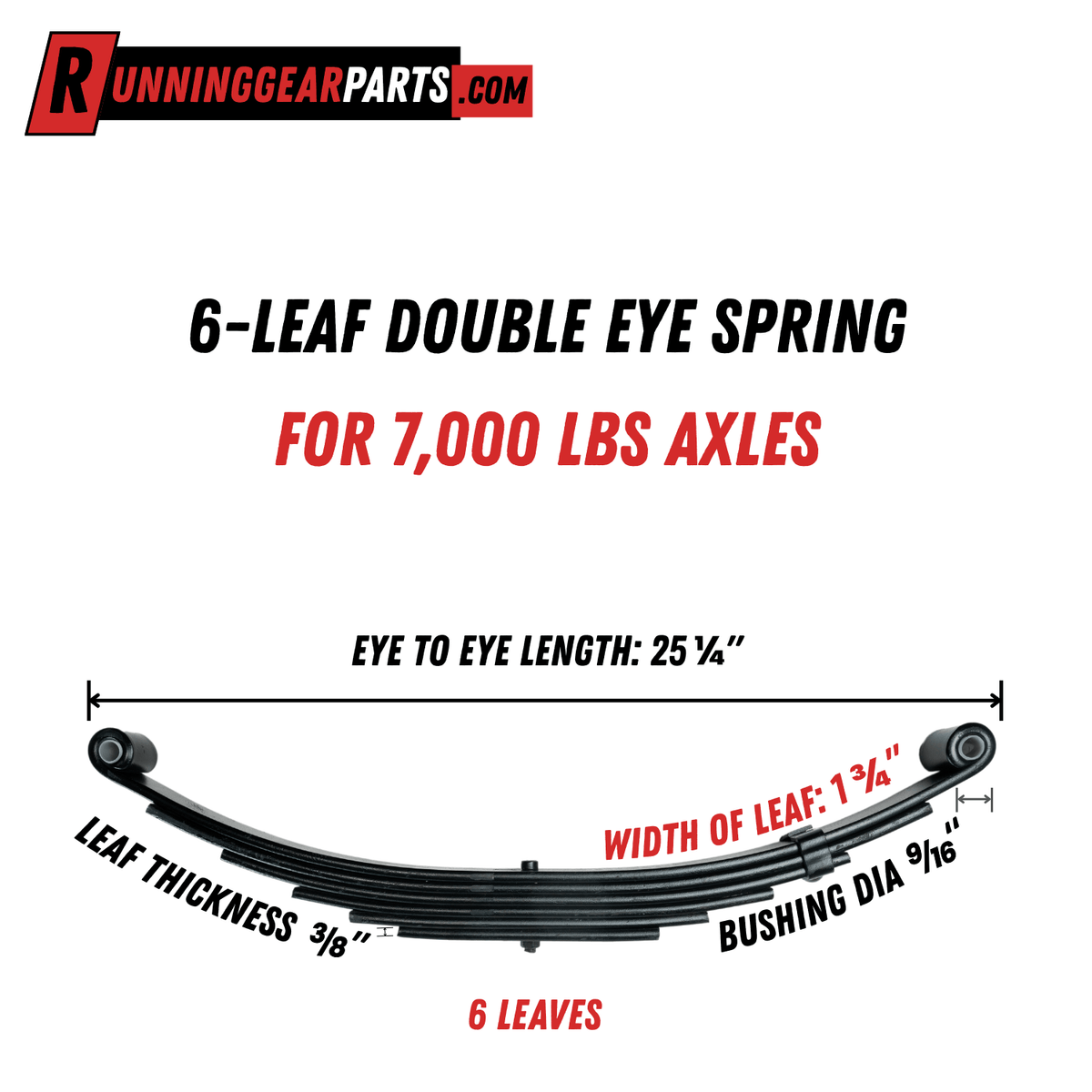 Trailer leaf spring, black steel 6-leaf double-eye design with bushings; RGP 7,000 lb Trailer Axles application.
