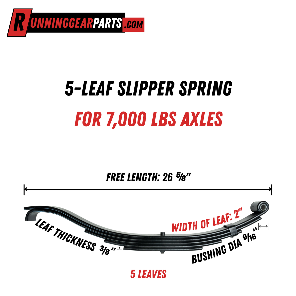 5-leaf slipper spring for RGP 7,000 lb Trailer Axles, black layered steel with a curved end and bushing eye