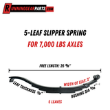 5-leaf slipper spring for RGP 7,000 lb Trailer Axles, black layered steel with a curved end and bushing eye