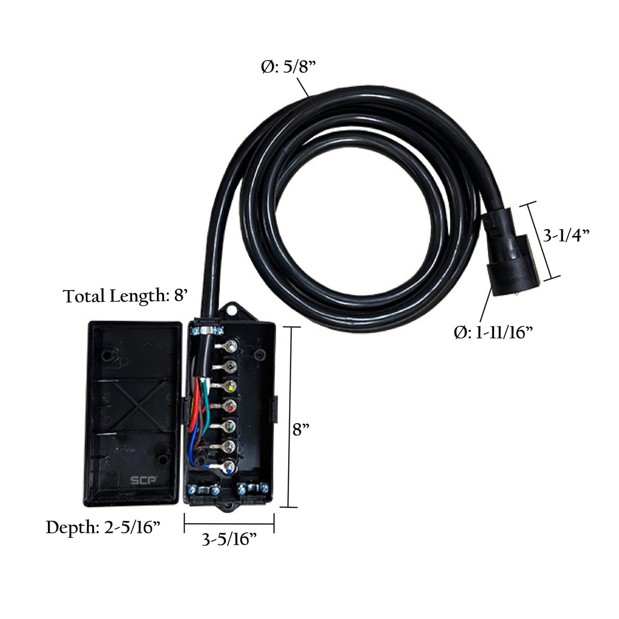 Pan American 7-Way With Center Pin, 8' Cord With Junction Box 10AWGX2 (white, red), 12AWGX1 (blue), 14AWGX4 (black, brown, green, yellow), 81456P