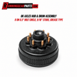 Trailer hub and drum assembly, black cast metal with ribbed drum and gold studs; RGP 8,000 lb Trailer Axles grease type.