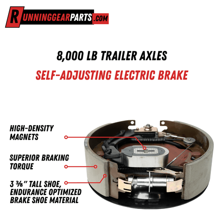 Electric trailer brake assembly for RGP 8,000 lb Axles, with gray metal backing plate, brown shoes, and self-adjusting hardware.