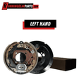 Electric trailer brake assembly for RGP 8,000 lb Axles, left-hand self-adjusting design with metal backing plate and springs.