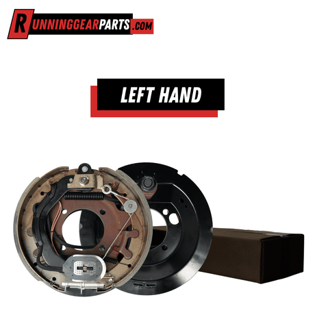 Electric trailer brake assembly for RGP 8,000 lb Axles, left-hand self-adjusting design with metal backing plate and springs.
