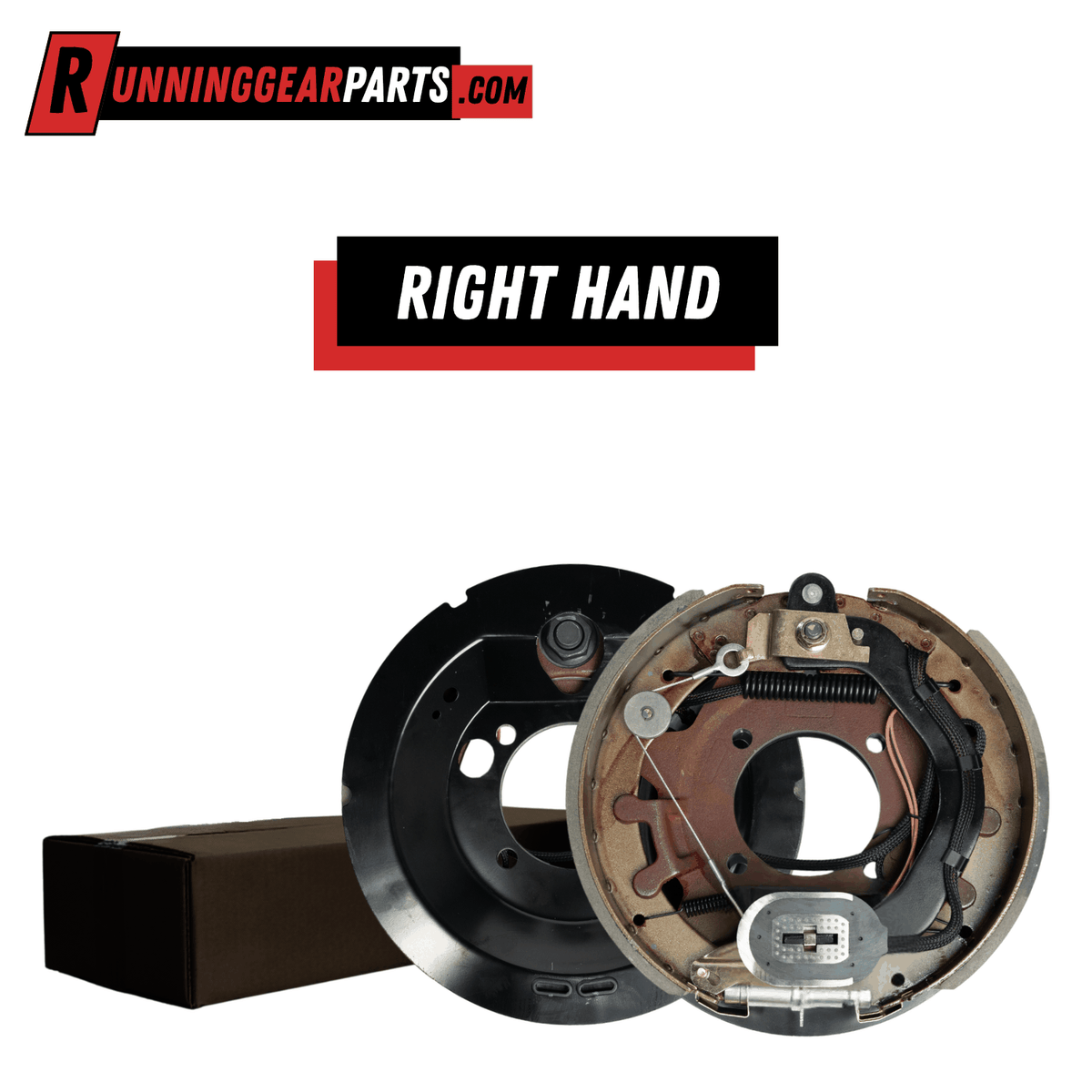 RGP 8,000 lb Axles right-hand electric trailer brake assembly with black backing plate, metal shoes, springs, and wiring.