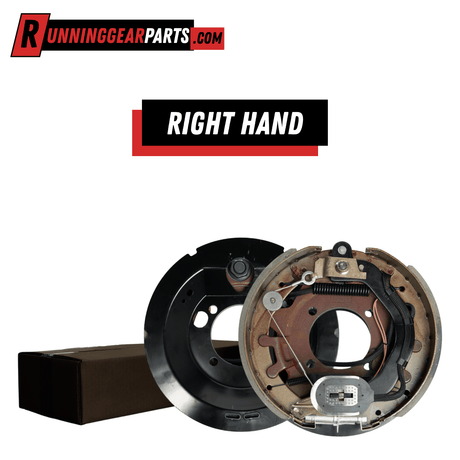 RGP 8,000 lb Axles right-hand electric trailer brake assembly with black backing plate, metal shoes, springs, and wiring.