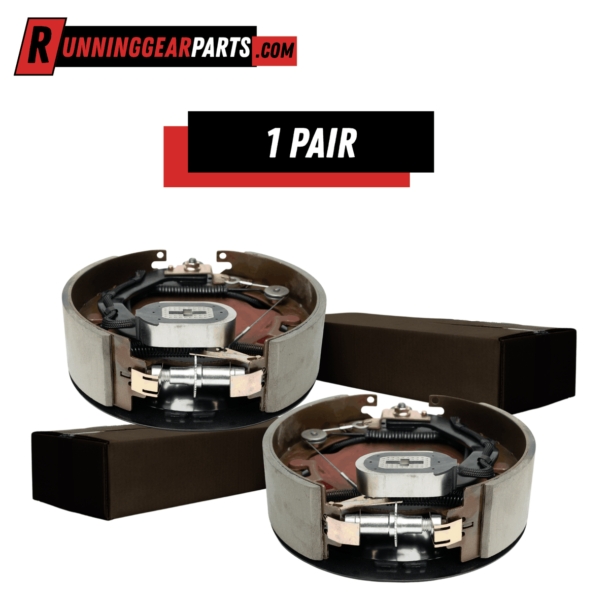 RGP 8,000 lb Axles electric trailer brake pair with metallic backing plates, brown shoes and exposed springs, self-adjusting design