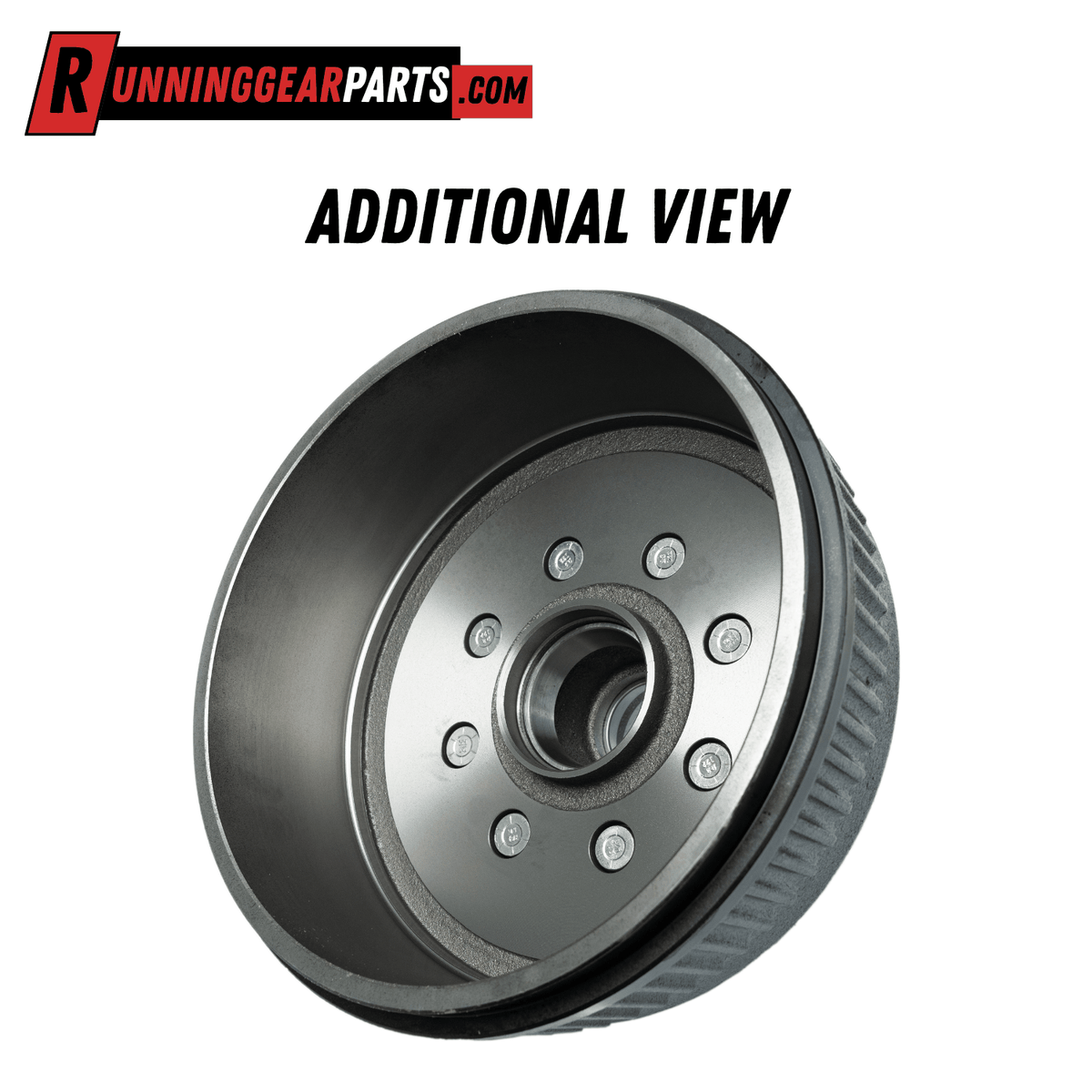 Trailer hub and drum assembly for RGP 8,000 lb Trailer Axles, dark gray metal with a smooth drum and eight wheel studs.