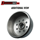 Trailer hub and drum assembly for RGP 8,000 lb Trailer Axles, metallic silver with a smooth machined face and eight studs.