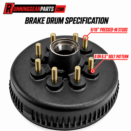 BRAKE DRUM SPECIFICATION' and red callouts noting '9/16" pressed-in studs