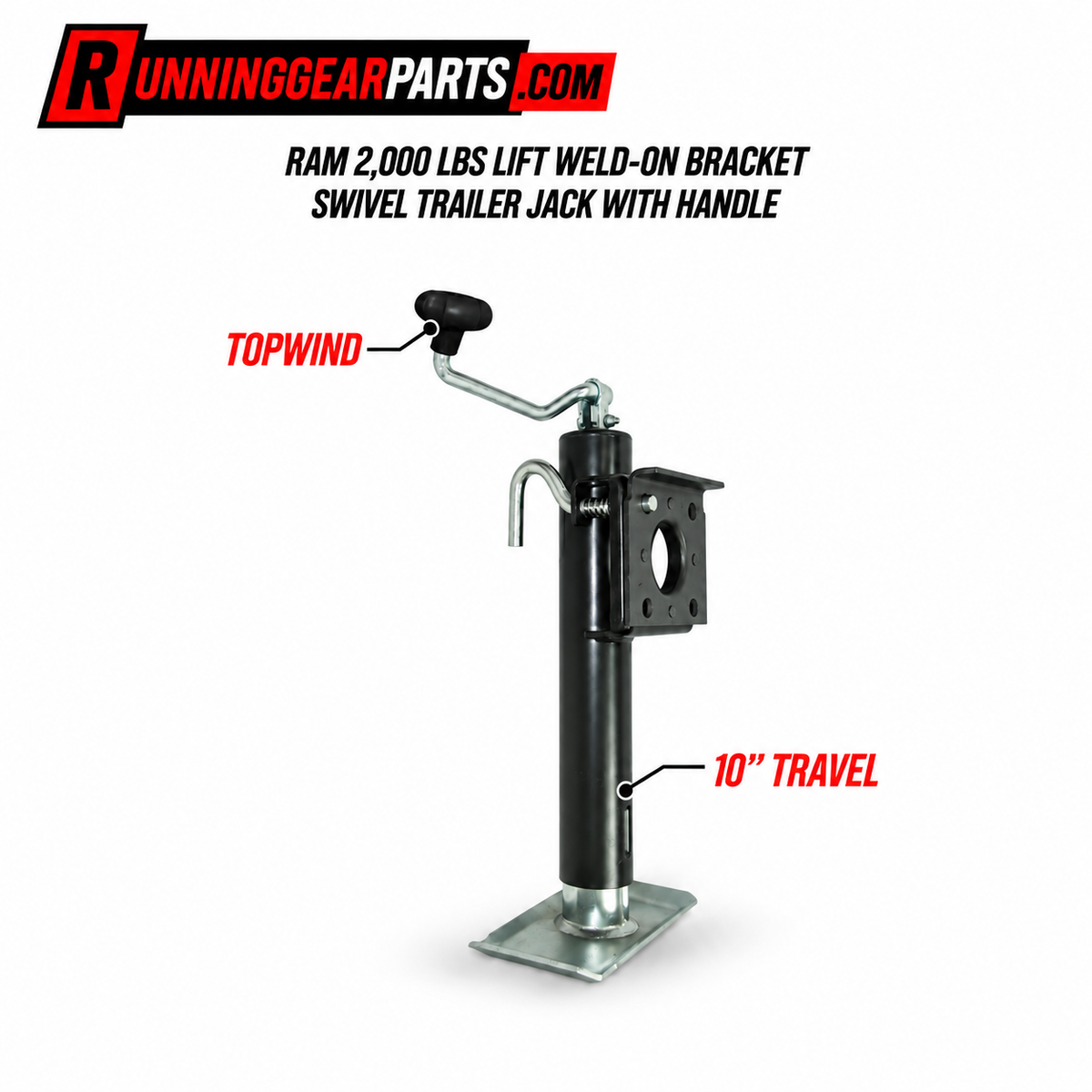 Black swivel trailer jack with a topwind handle and 10" travel